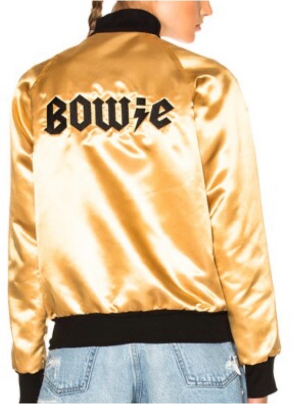 Catherine Fulmer Gold Satin Bomber Jacket with Black Trim Size 8